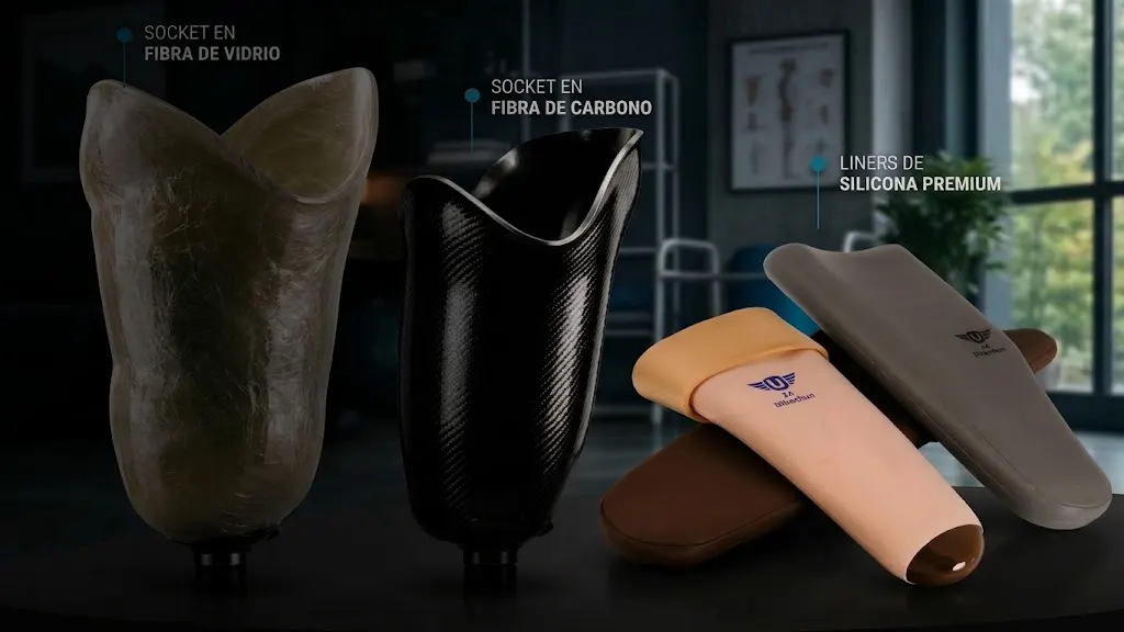 Sockets en fibra de vidrio y fibra de carbono junto a liners de silicona