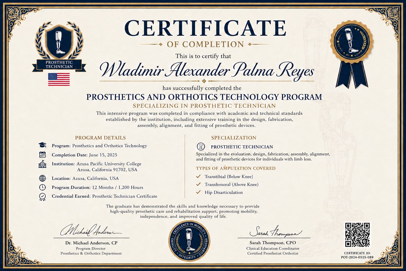 Certificado técnico protesista Ortopre